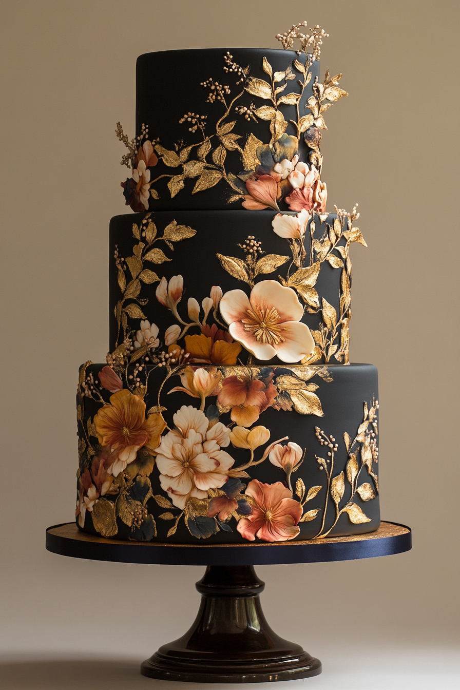 Wedding cake display. Hand-painted fondant with gold leaf accents.