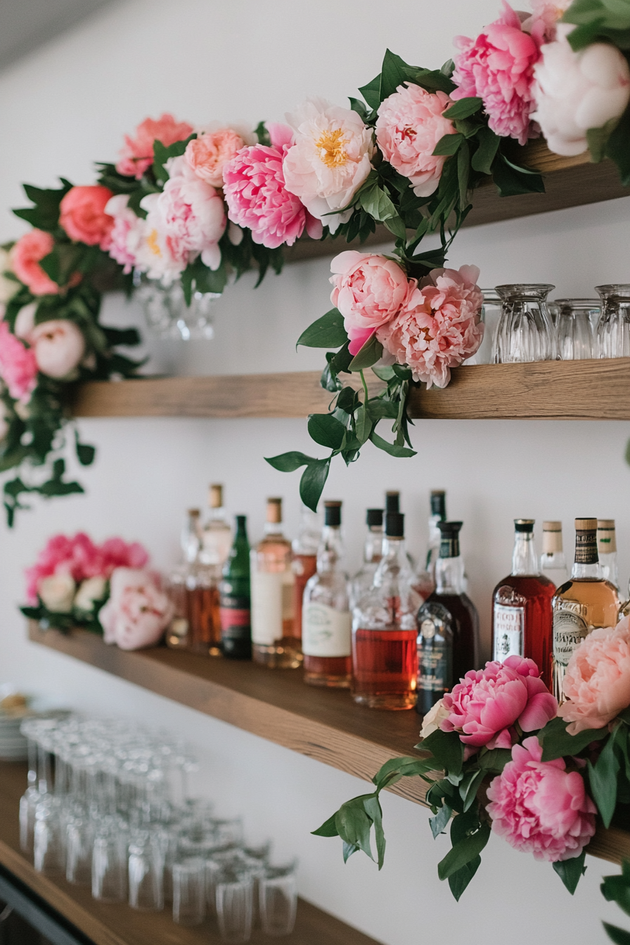 Wedding bar display. Floating shelves adorned with peony floral garlands.