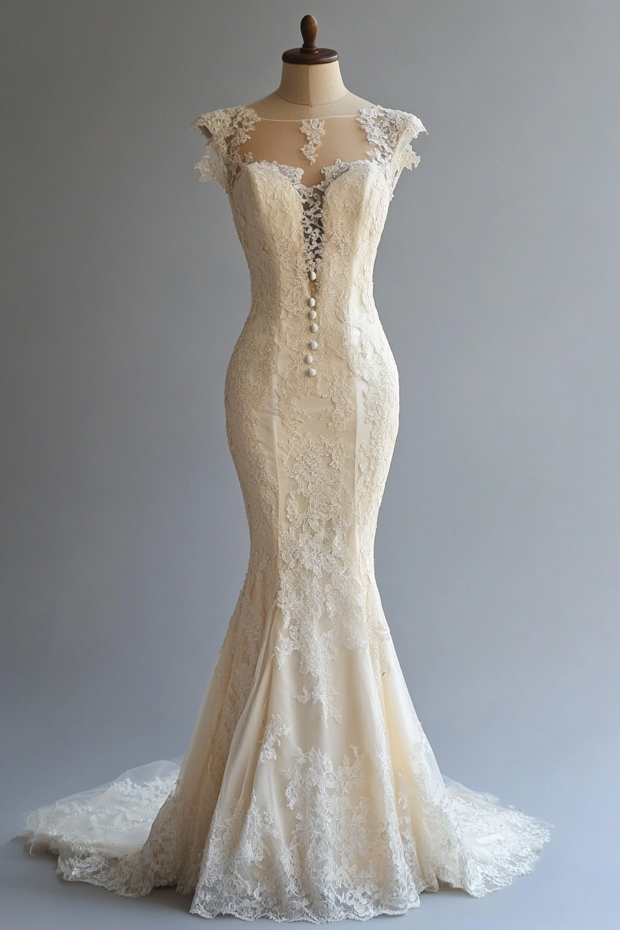 Wedding dress collection. Mermaid silhouette with Chantilly lace and pearl buttons.