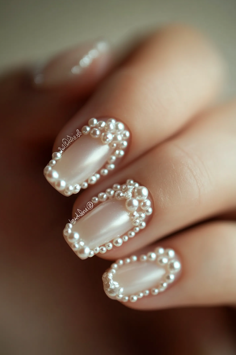 Wedding manicure. Pearl-clustered nails with French tips.