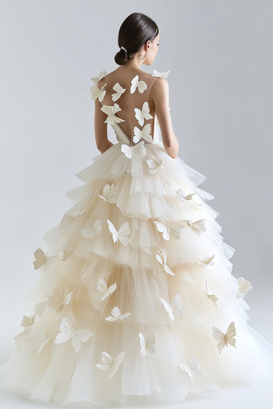 Wedding ball gown. Tulle layers with ivory butterfly appliques.