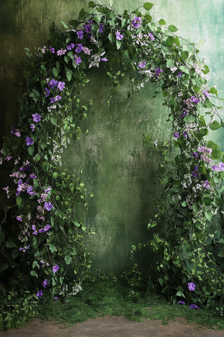 Wedding ceremony backdrop. Green vine archway with interspersed wild purple flowers.