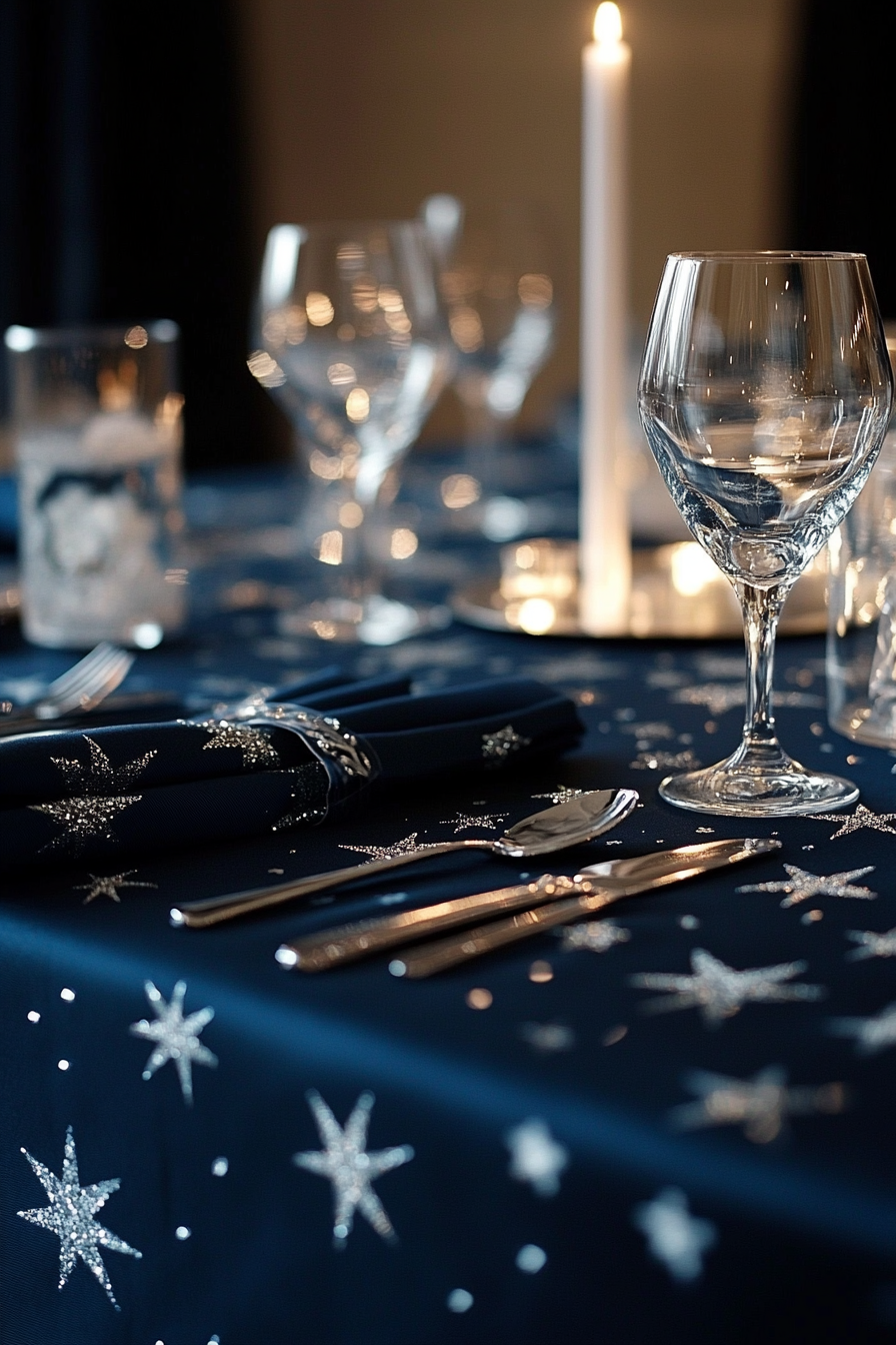 Wedding decor. Midnight blue tablecloth with silver star motifs.