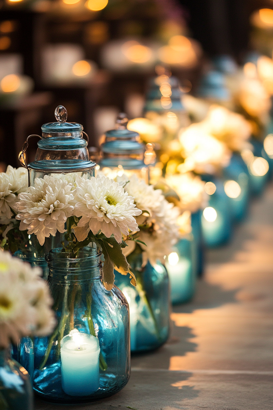 Wedding ceremony setting. Flower-filled azure glass mason lanterns, patches of white chrysanthemums lining the aisles.