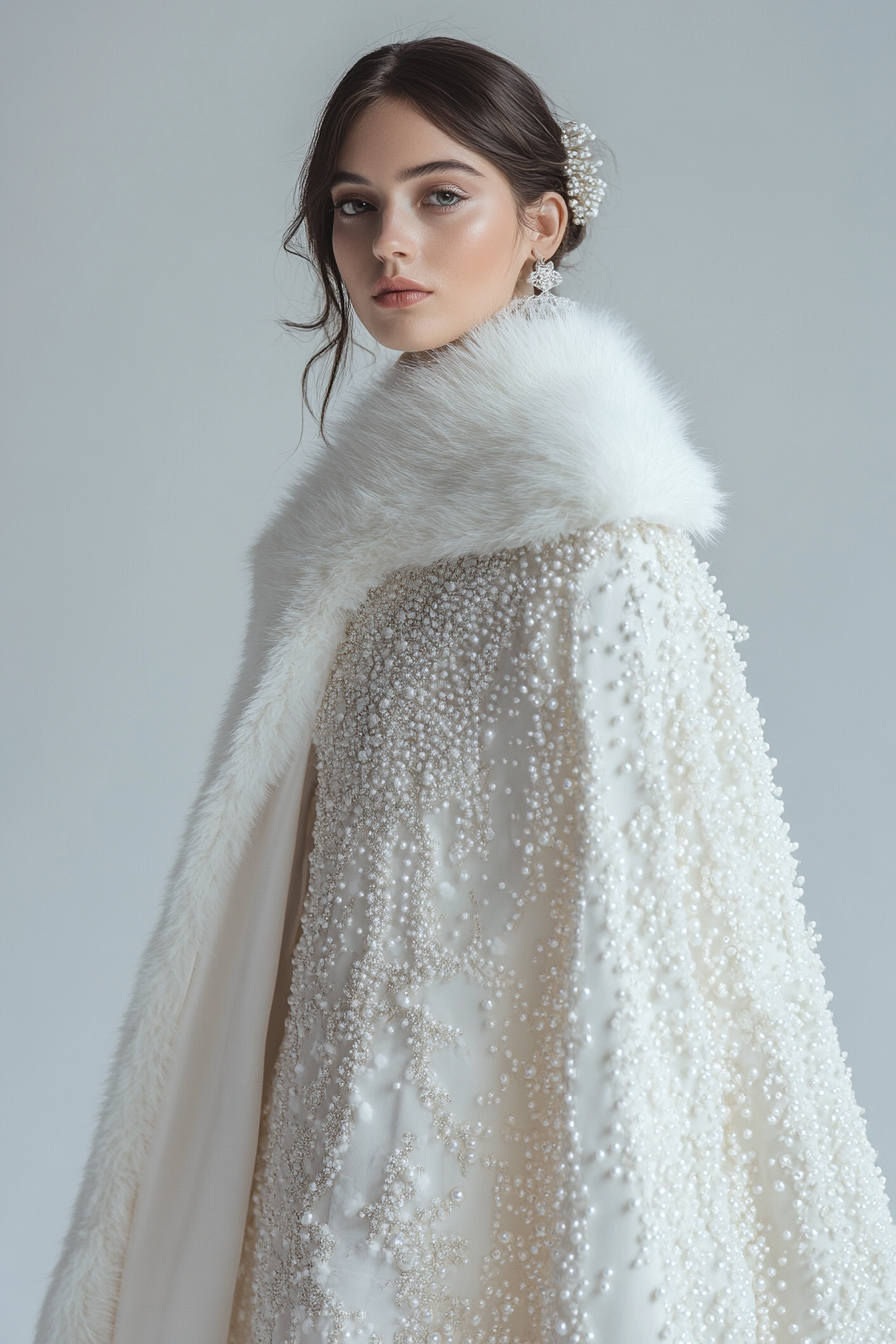 Wedding outerwear. Long white cape with pearl beading and faux fur trim.