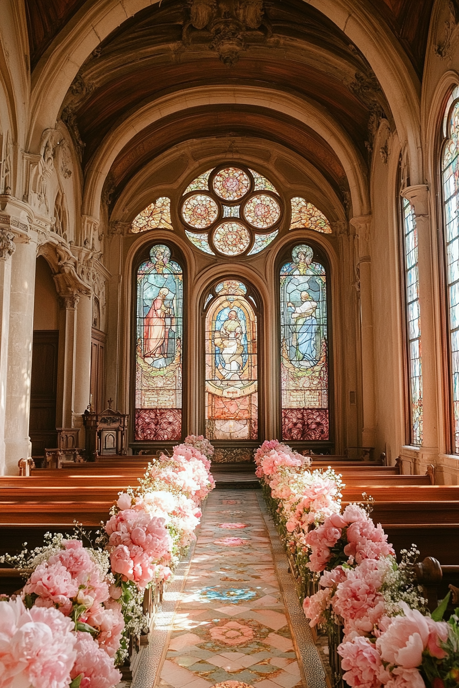 Wedding ceremony setting. Antique stained glass church with pink peony flower-lined aisles.