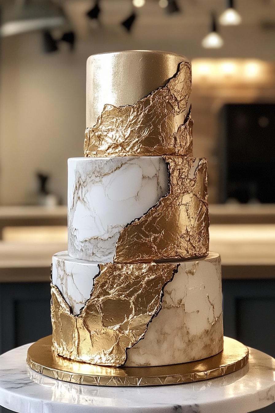 Wedding cake design. Gold veining with marble effect on metallic tiers.