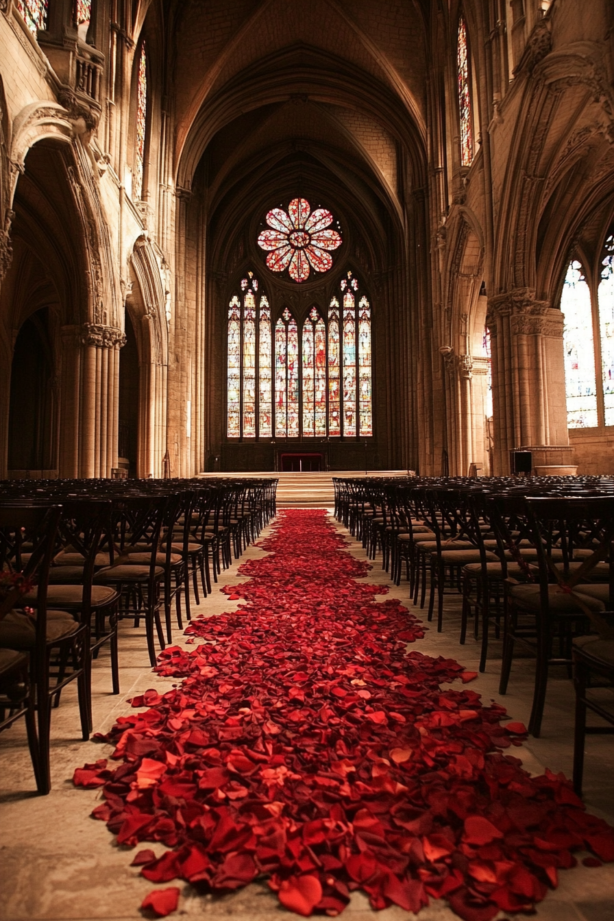 Wedding Ceremony Setting. Gothic cathedral with stained glass windows and rose petal-lined aisle.