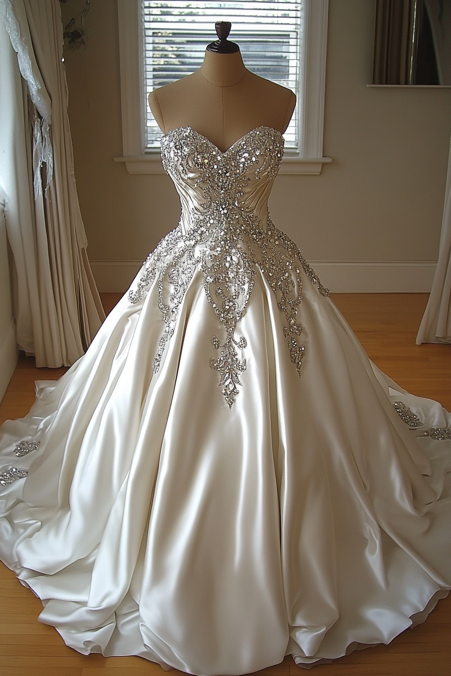 Wedding gown. Ivory satin, cathedral train, crystalized bodice.