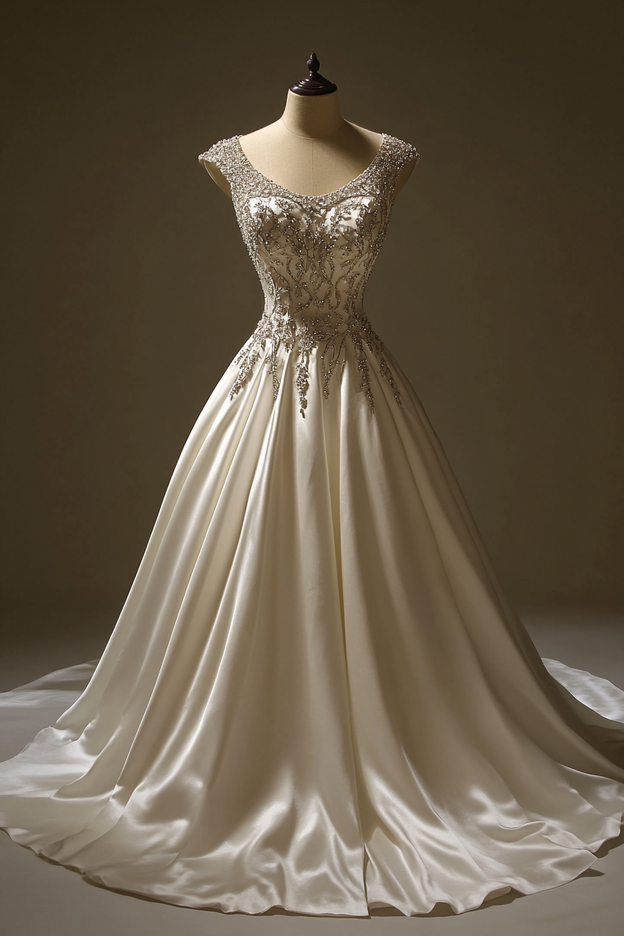 Wedding gown. White satin, cathedral train, crystal-adorned bodice.