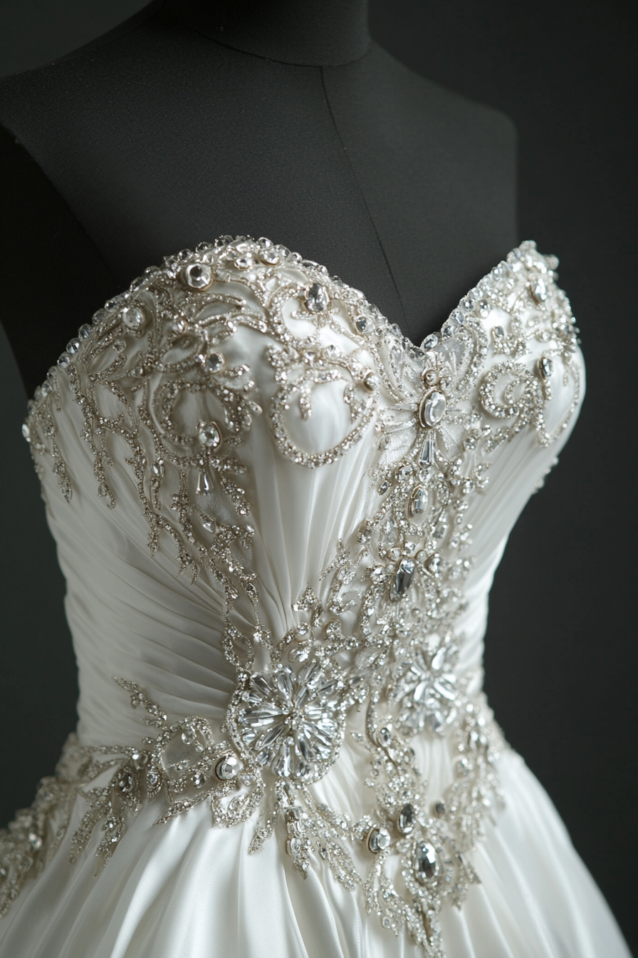 Wedding gown. Cathedral train with crystal embellishments on the bodice.