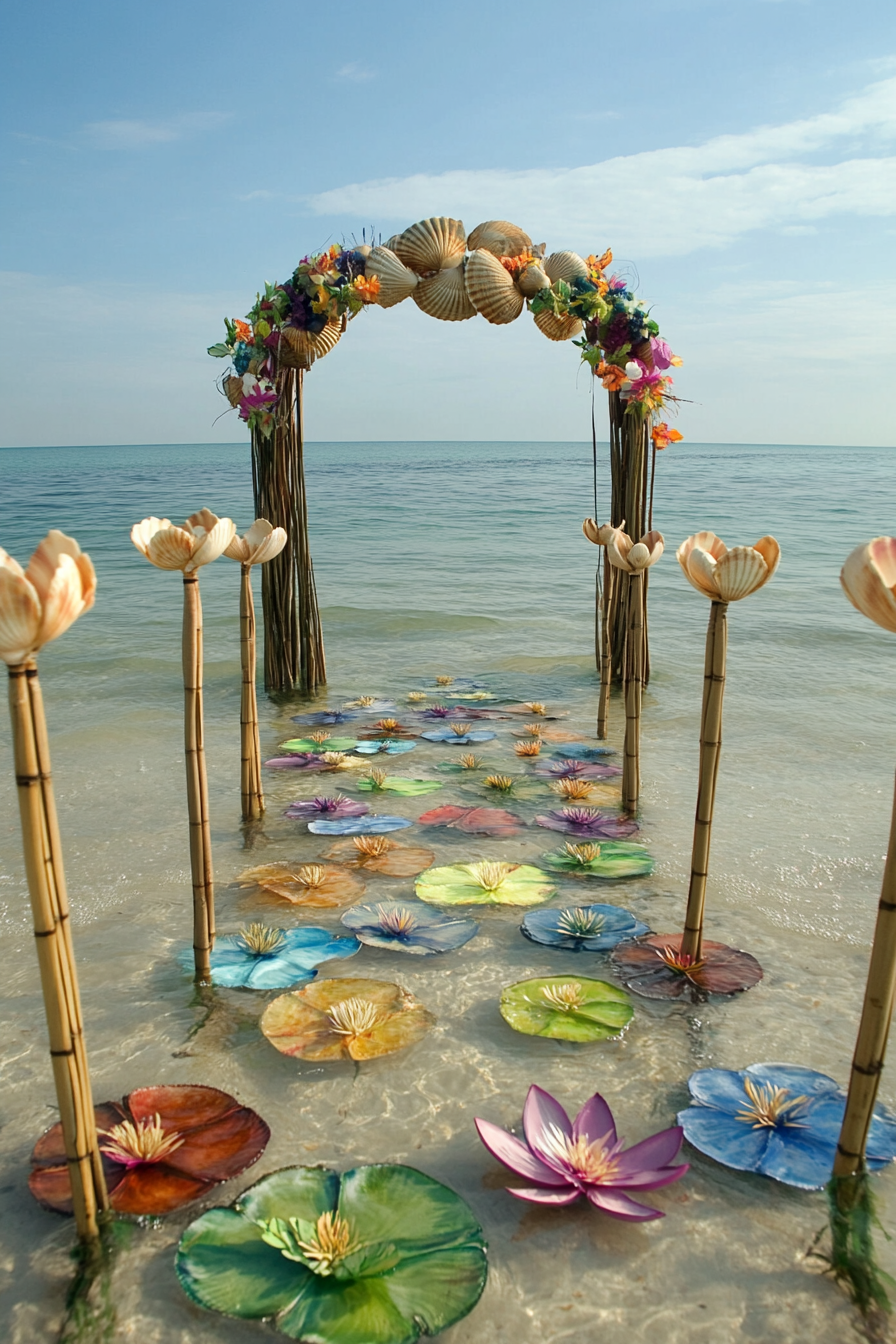 Wedding beach setup. Shell arch, bamboo tiki torches and multicolored floating water lilies.