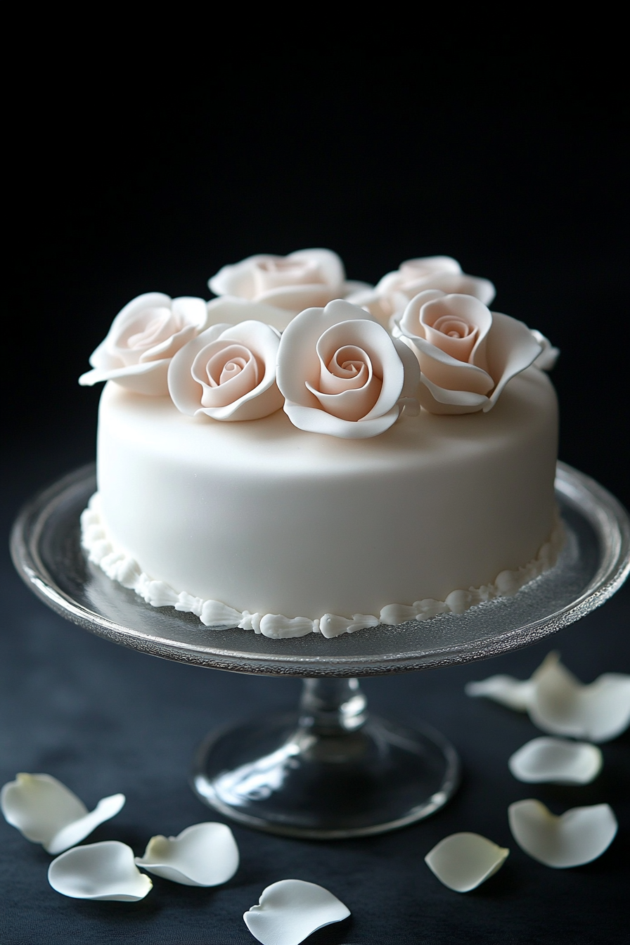 Wedding dessert display. Single-tier white cake with sugar roses and a petal fall.