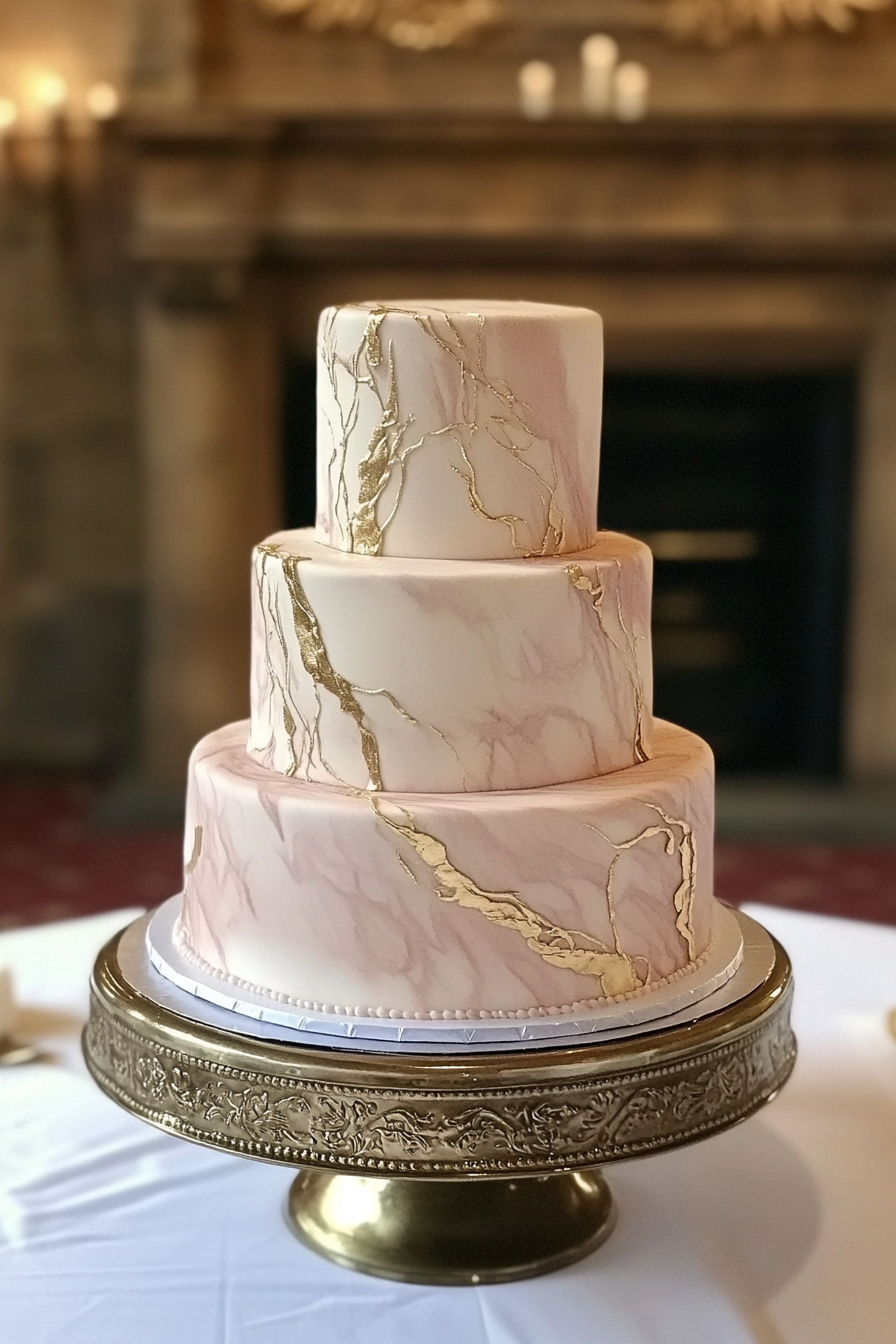 Wedding cake design. Gold veining on metallic blush tier.