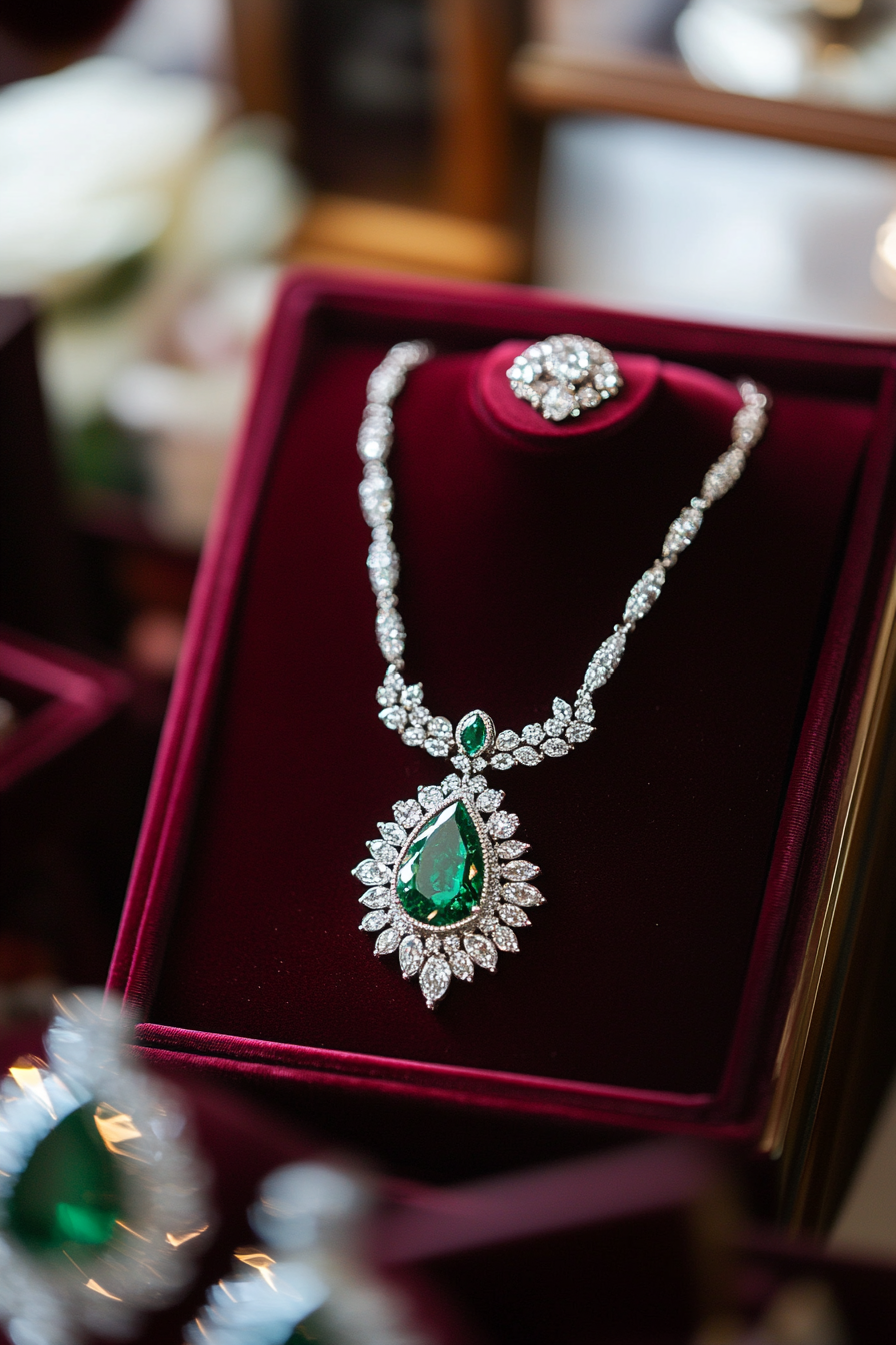 Wedding jewelry showcase. Emerald necklace on burgundy velvet box.