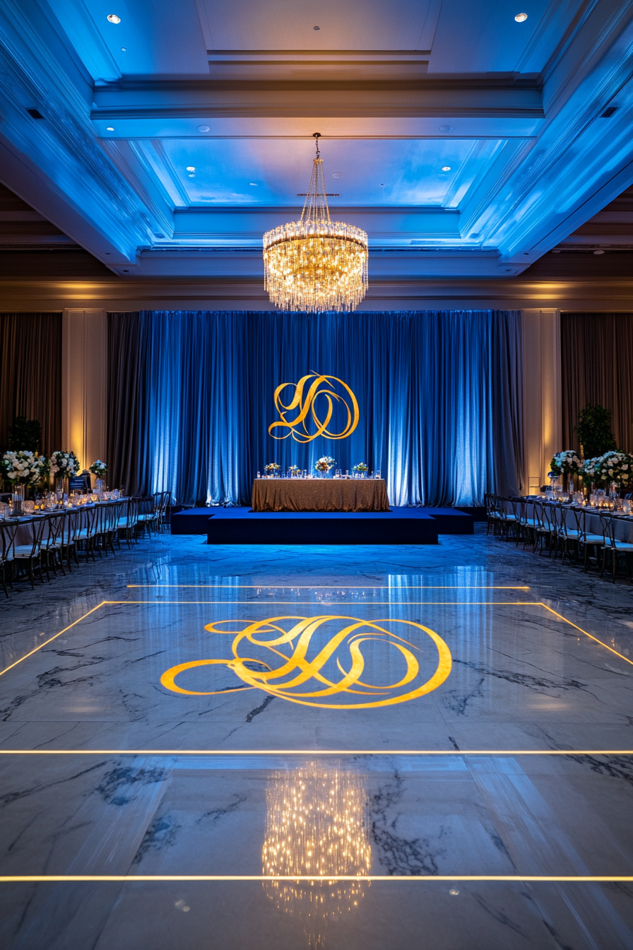 Wedding entertainment space. Blue LED border, golden monogram projection on a grey marble floor.