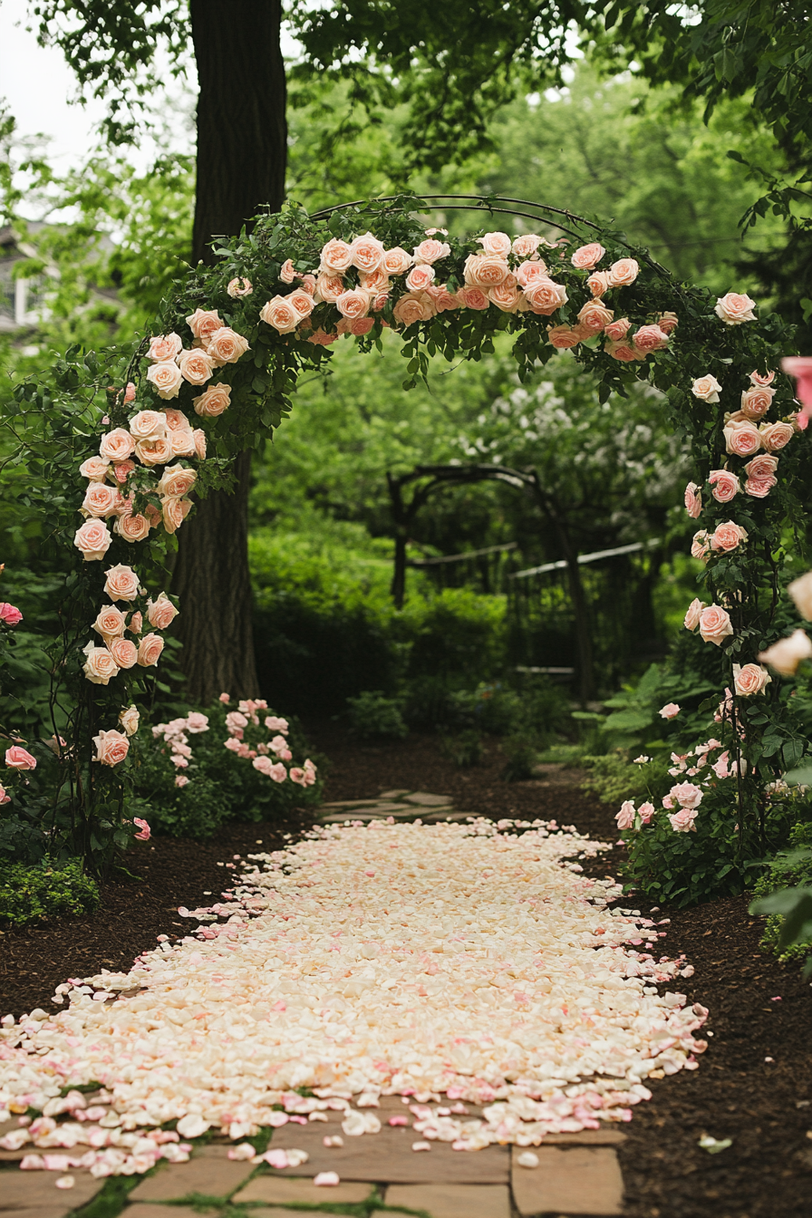 Wedding garden ceremony. Cascading blush rose arch and ivory petal strewn pathway.