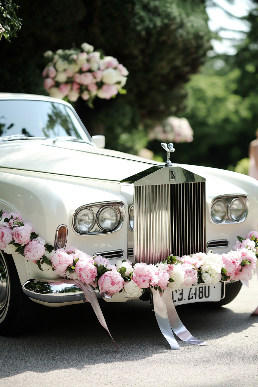 Wedding Transport Design. Classic white Rolls Royce adorned with pink peony garlands and silver ribbons.