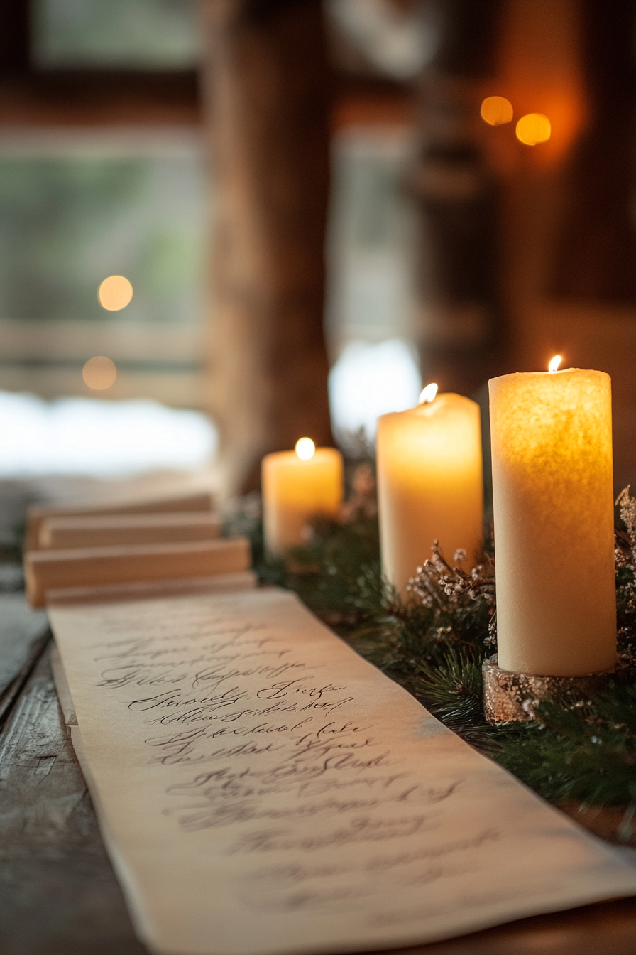 Wedding ceremony feature. Calligraphed vows on illuminated parchment scrolls.