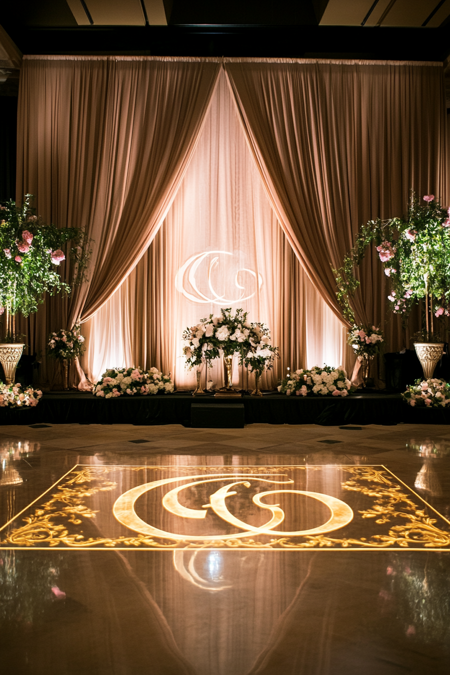 Wedding entertainment space. Velvet drapes with gold LED borders, lit monogram projected on dance floor.