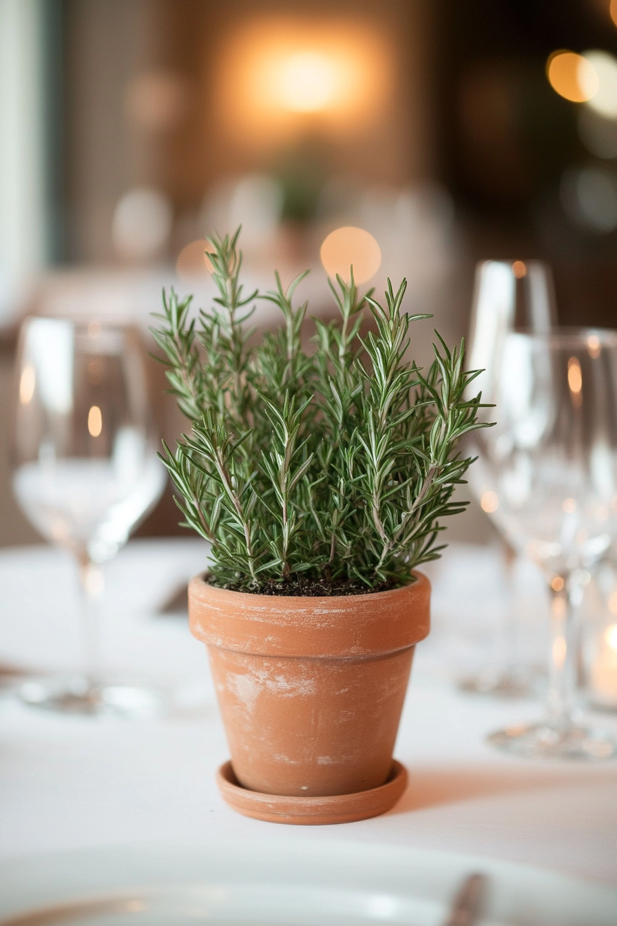 Wedding reception setup. Rosemary herb in terracotta potted centerpiece.