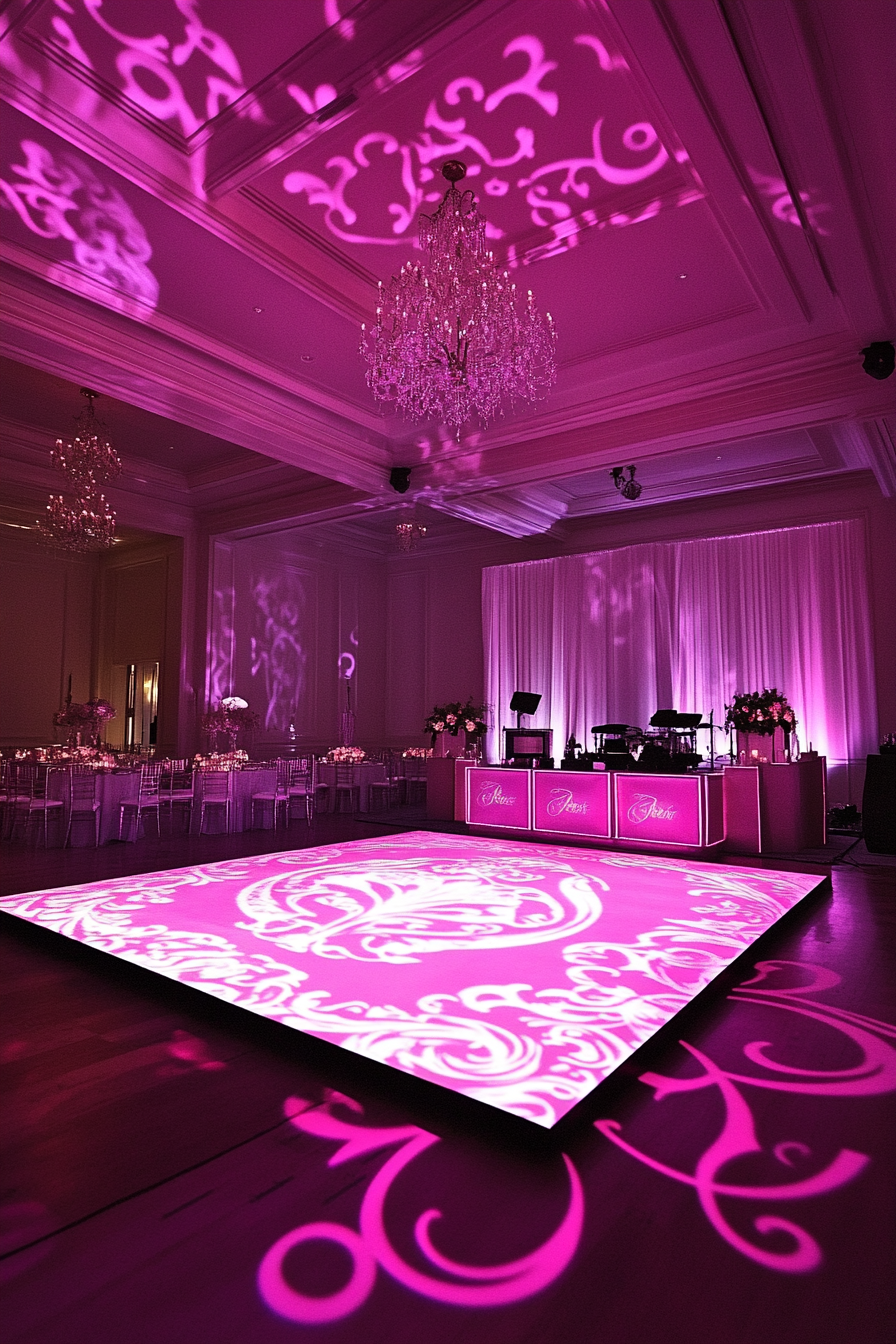 Wedding entertainment space. Pink monogram projection, LED borders.