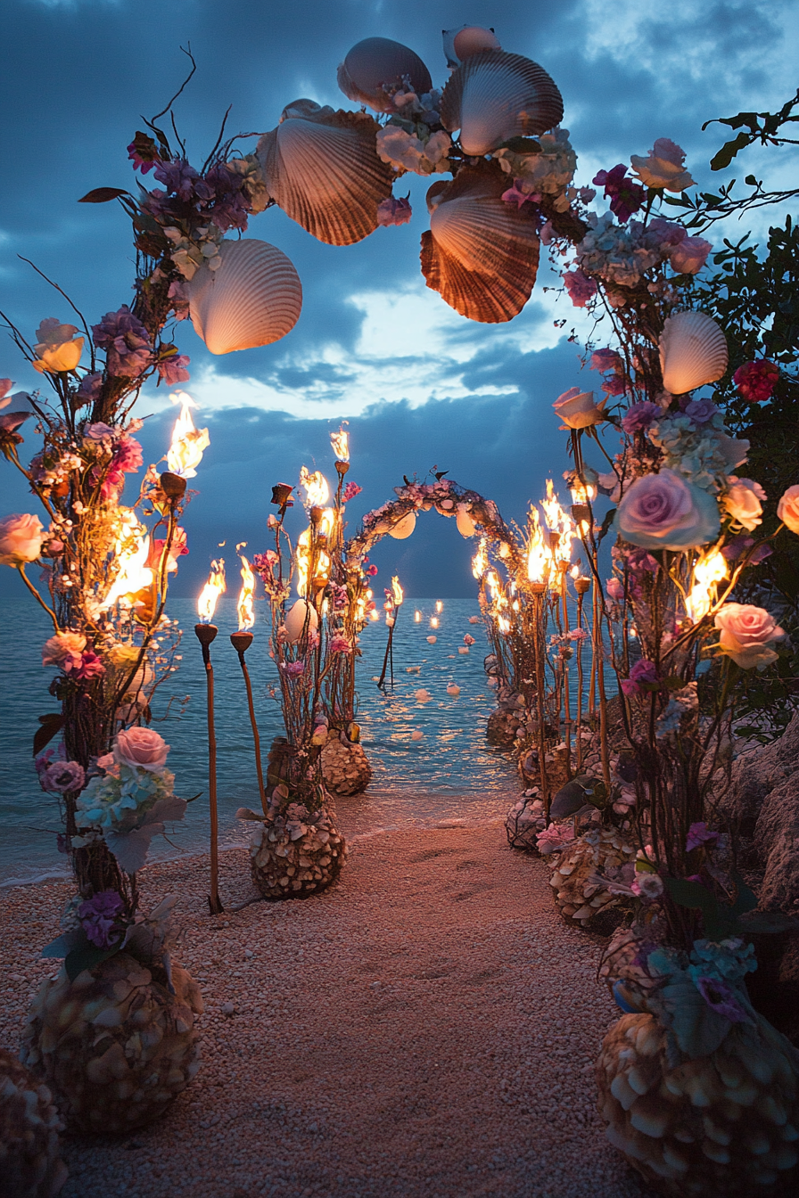 Wedding beach setup. Shell arch surrounded by tiki torches and floating pastel roses.