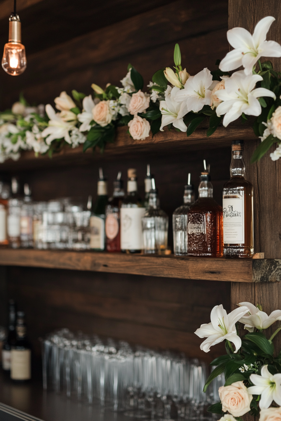 Wedding Bar Display. Rustic floating shelves with lilies and roses garlands.