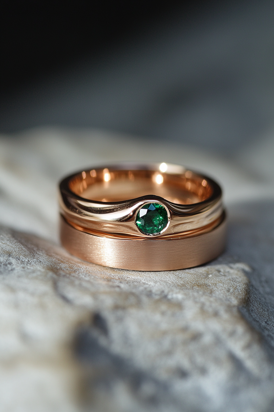 Wedding ring collection. Rose gold band with hidden emerald.