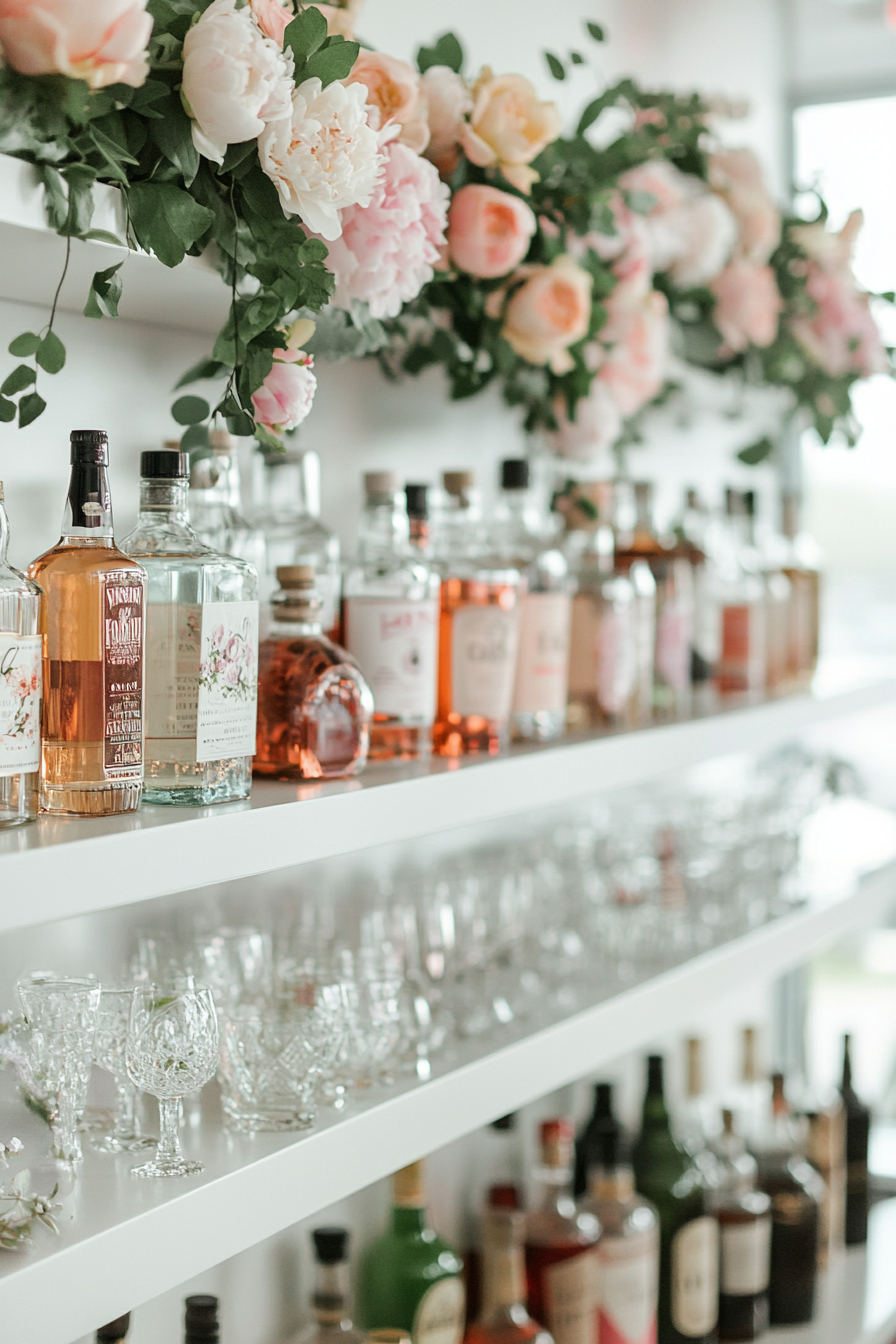 Wedding bar display. Floating shelves adorned with blush peonies and clematis flowers garland.