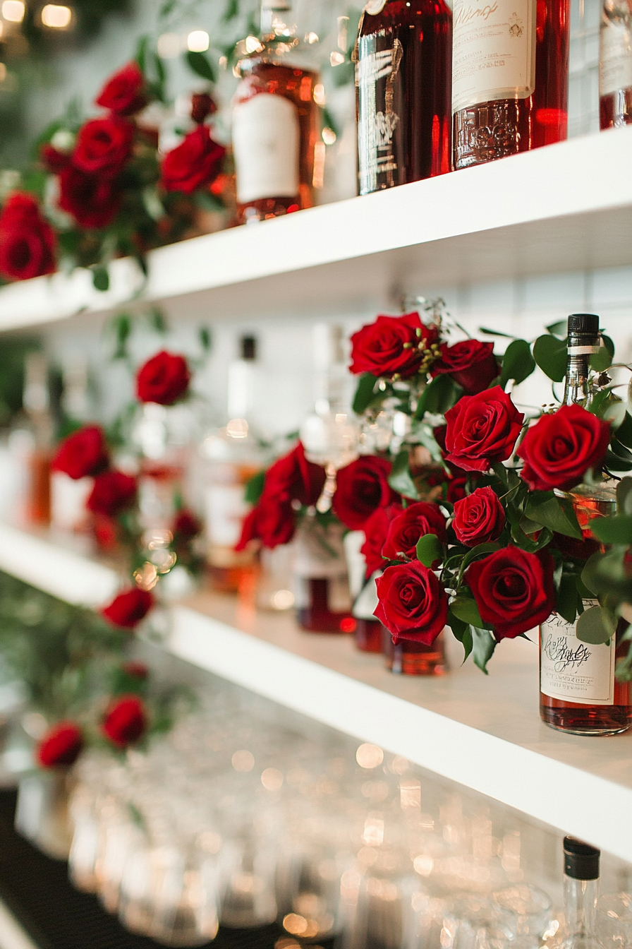 Wedding bar display. White floating shelves with red rose garlands.