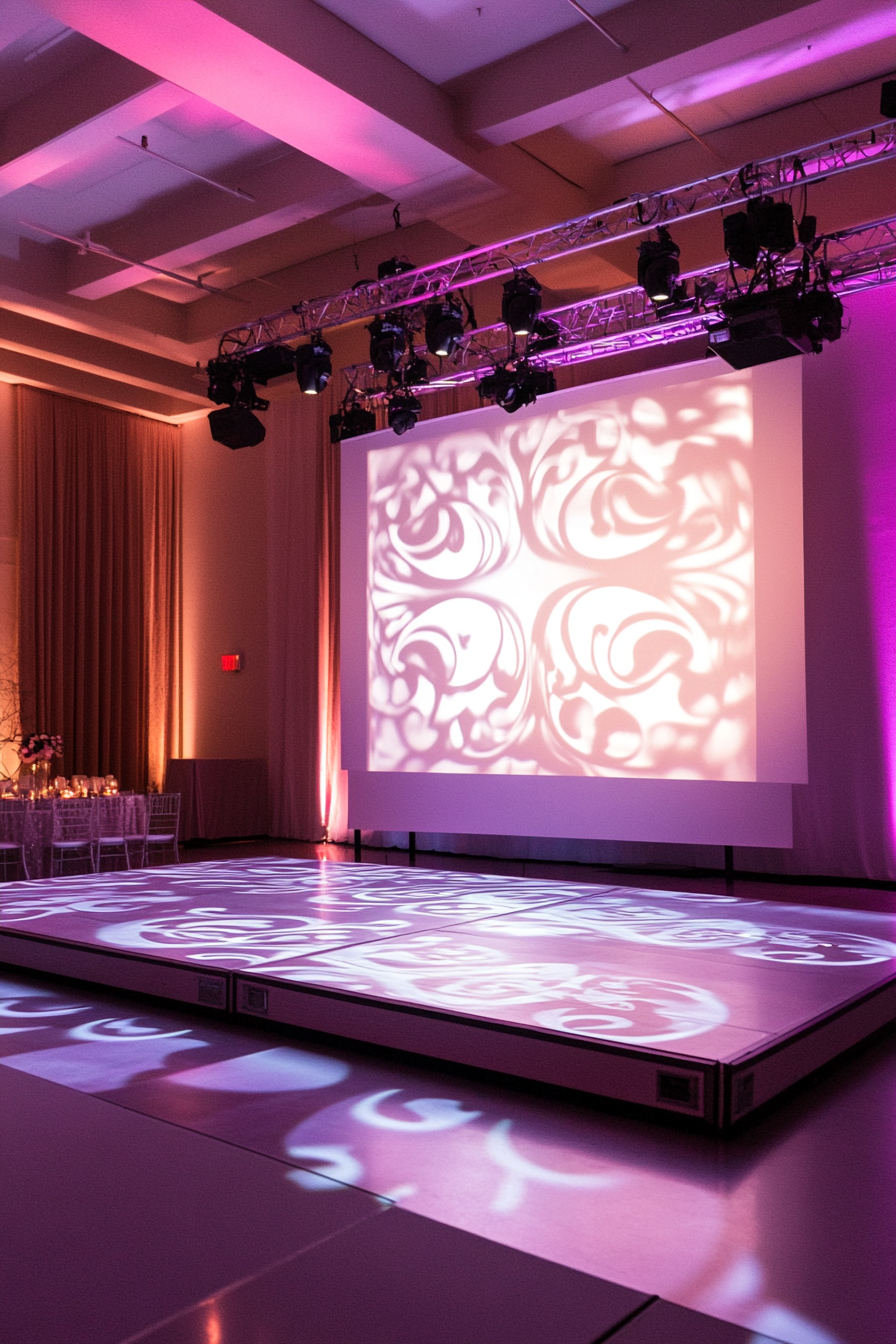 Wedding Entertainment Space. Stage with monogram projection and LED edge lighting.