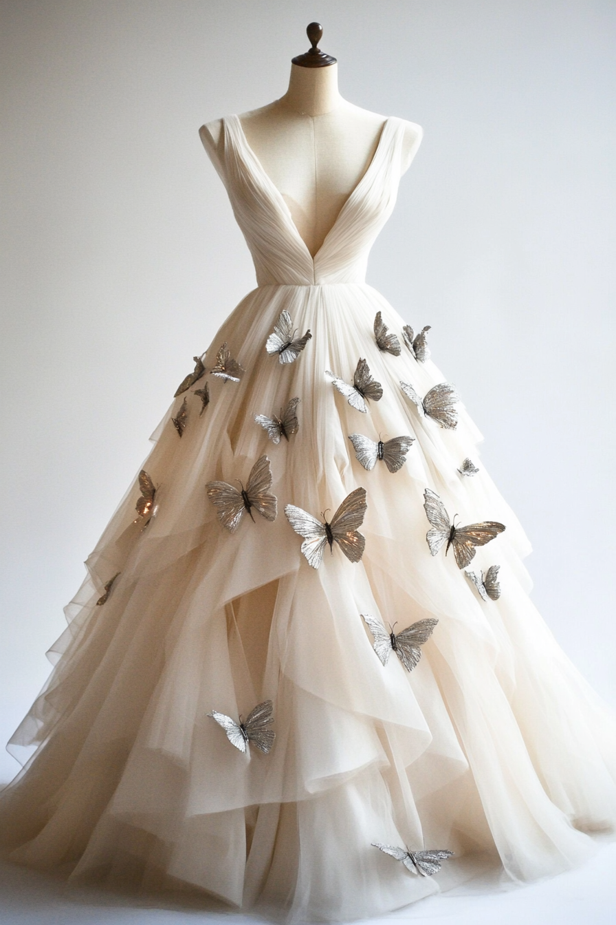 Wedding ball gown. Ivory tulle layered skirts with silvery butterfly appliques.