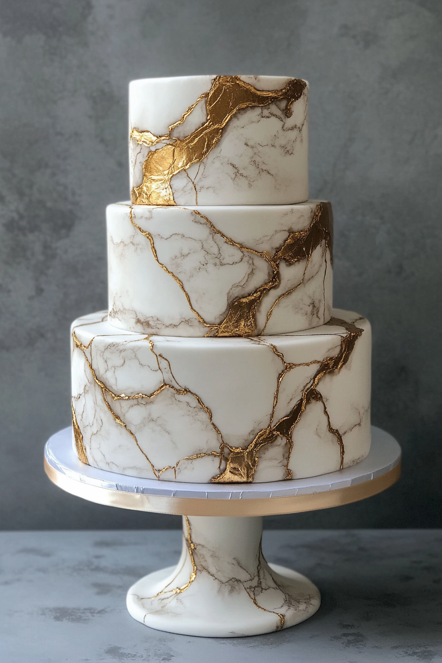 Wedding cake design. Gold veining on a marble-effect fondant tier.