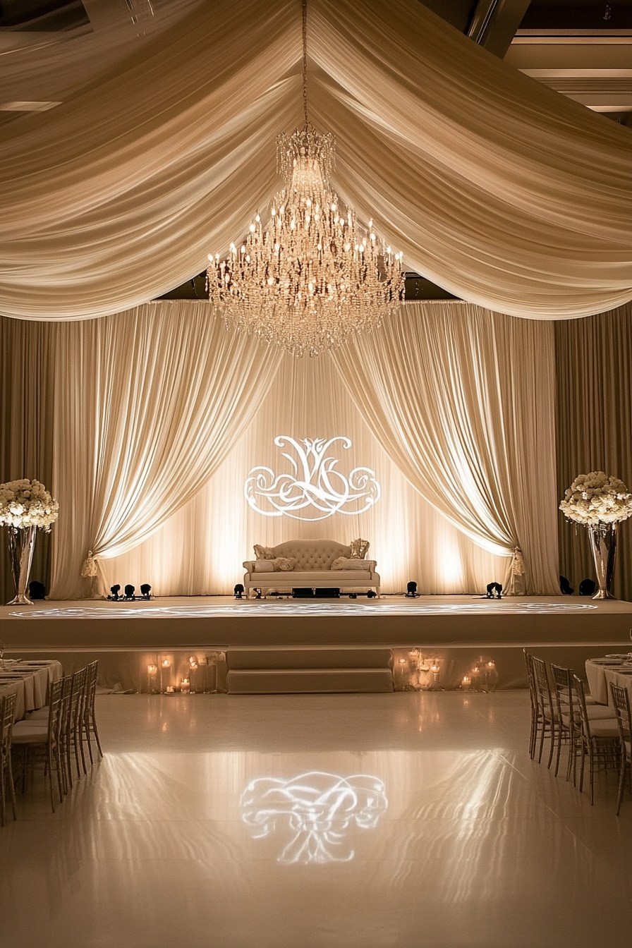 Wedding entertainment space. Ivory draping, LED-bordered stage, projected monogram.