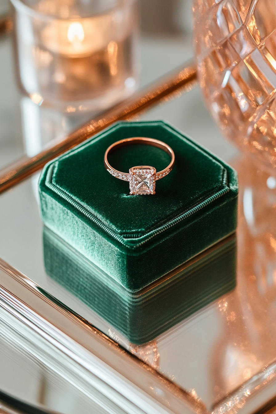 Wedding jewelry showcase. Rose gold engagement ring on emerald velvet box, positioned on mirrored tray.