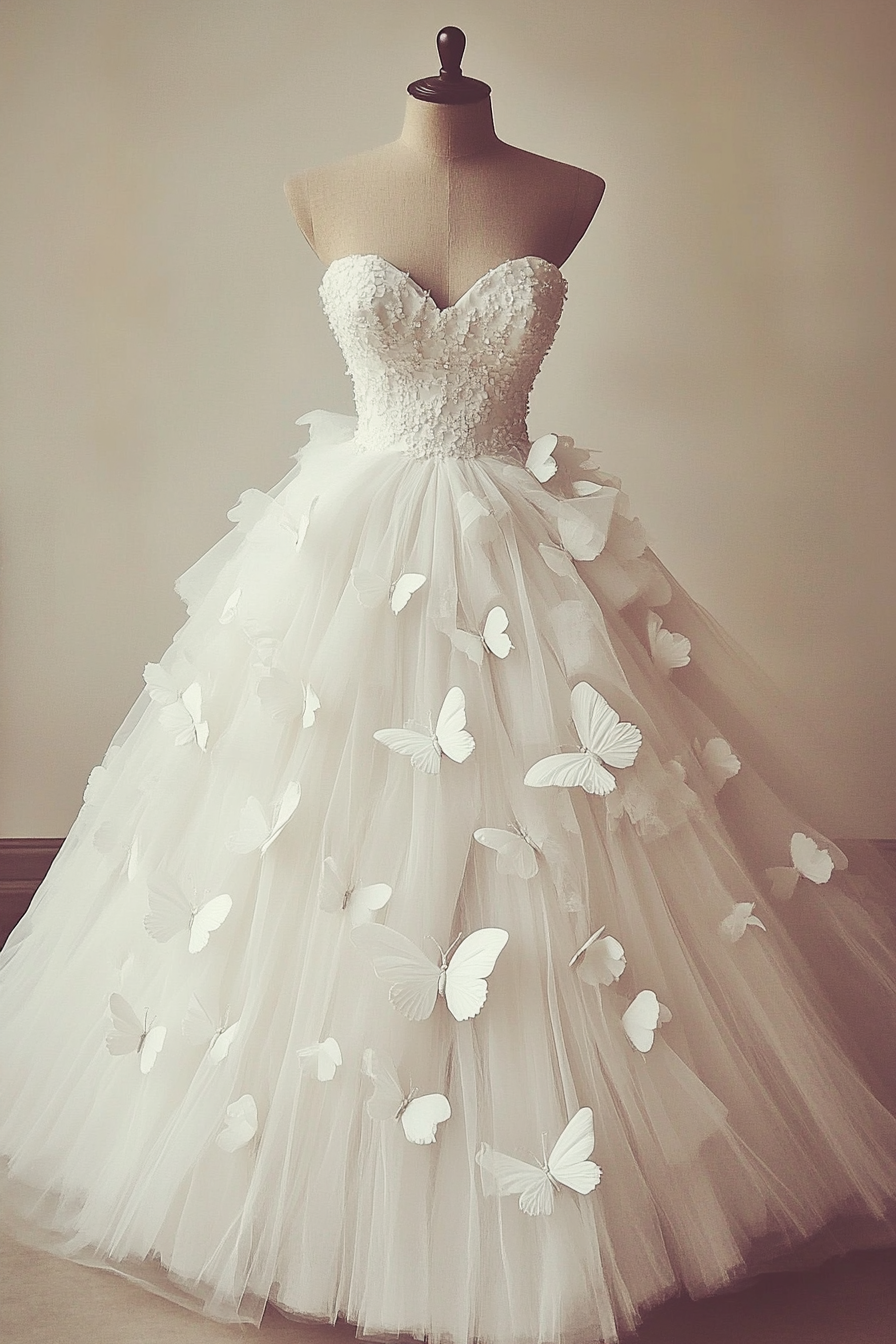 Wedding Ball Gown. Tulle layers, white butterfly appliques, sweetheart neckline.