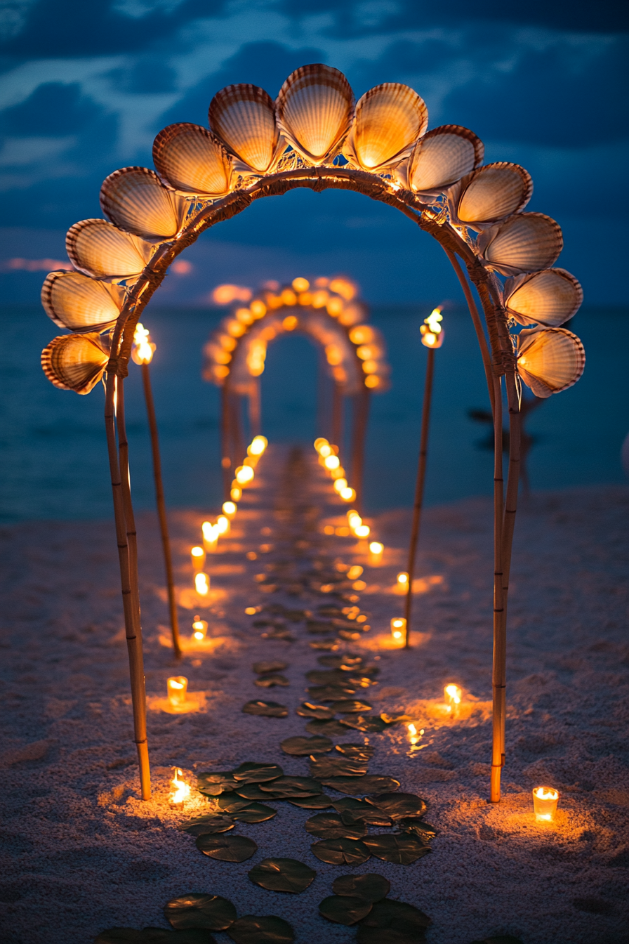 Wedding beach setup. Shell archway illuminated by a line of tiki torches and floating lilies.