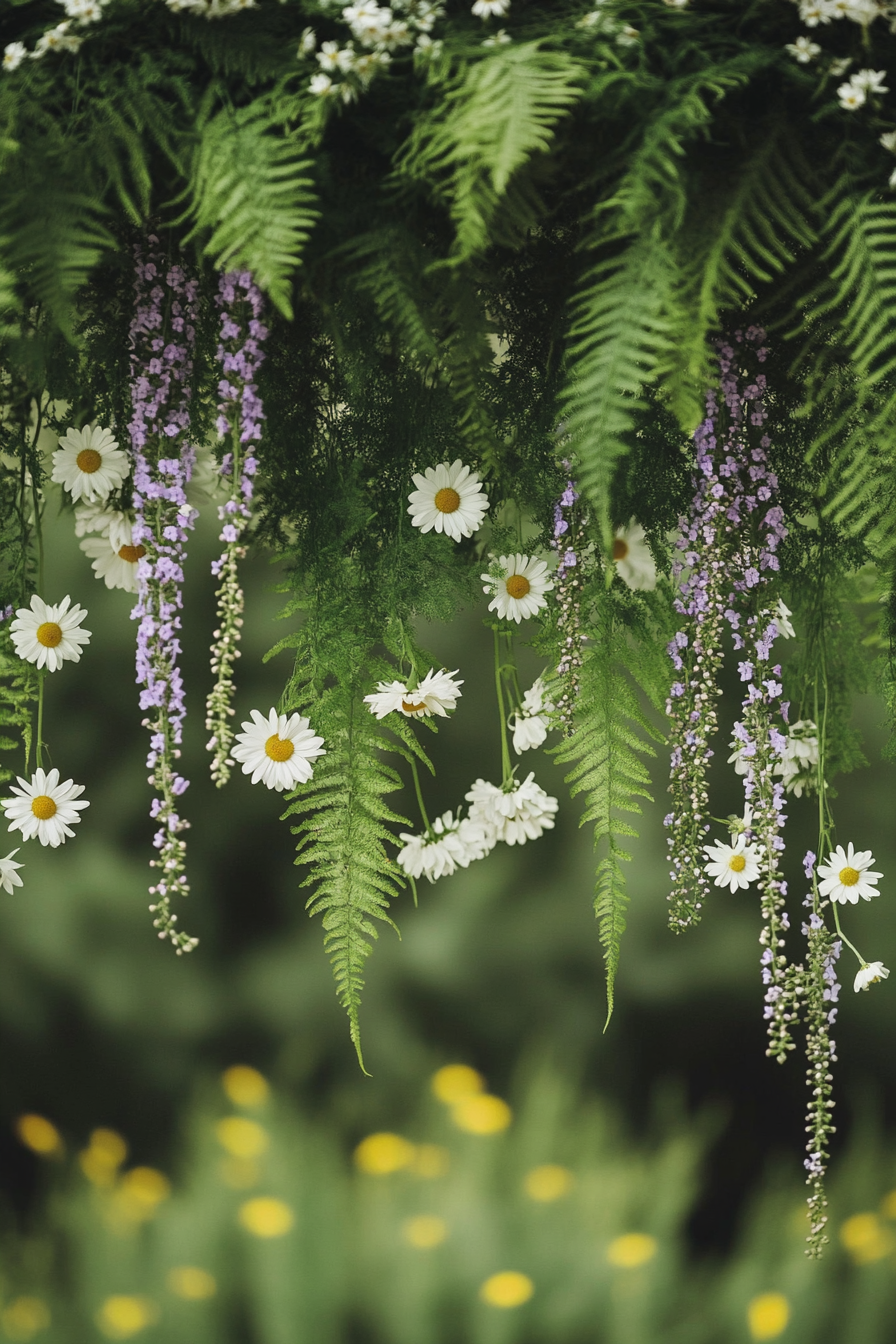 Wedding Ceremony Backdrop. Hanging ferns with daisies and lavenders.