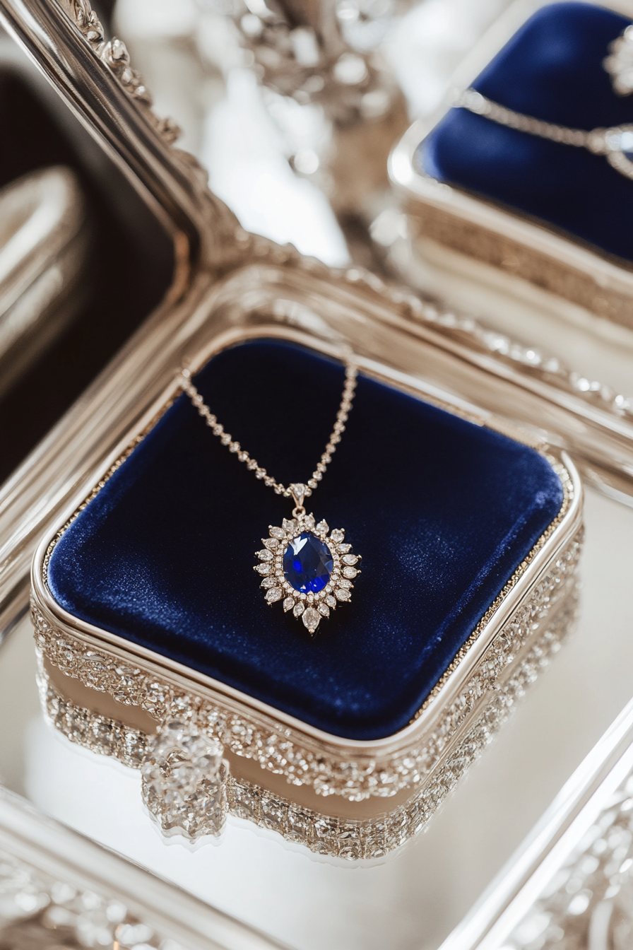 Wedding jewelry showcase. Velvet box containing sapphire necklace on white mirror tray.