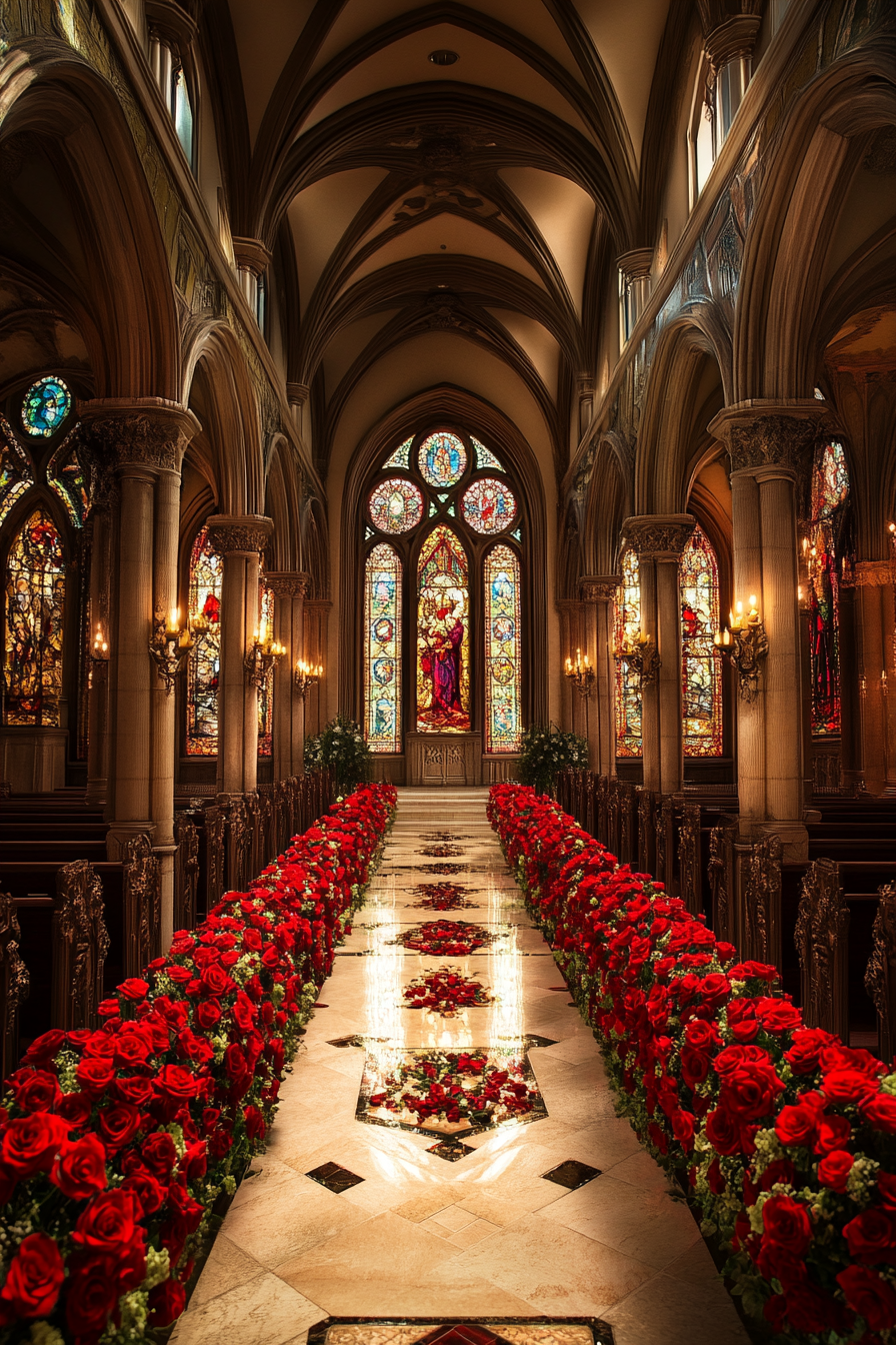 Wedding Ceremony Setting. Stained glass windows and red roses lining the aisle.