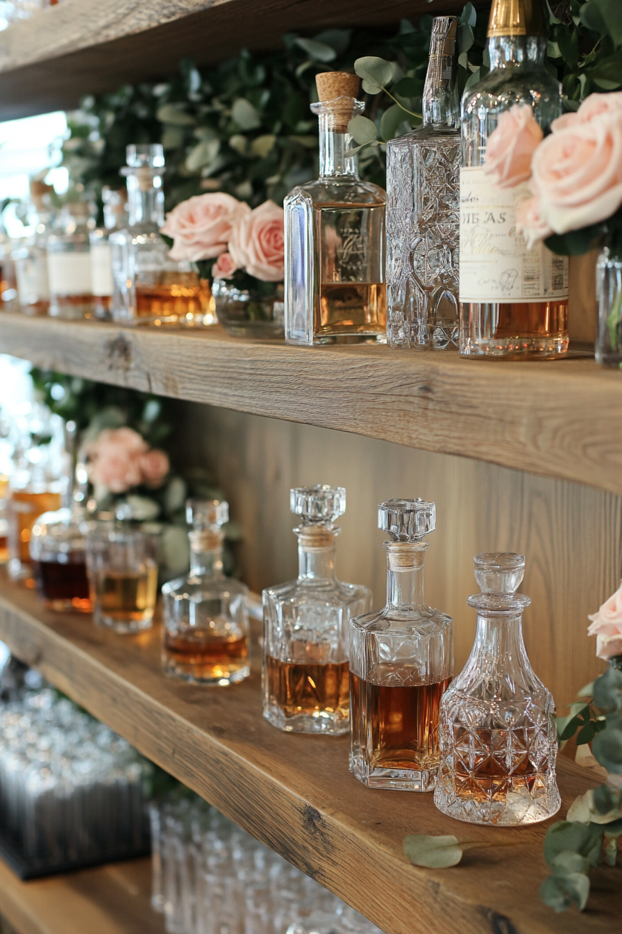 Wedding bar display. Floating shelves with blush roses garland and crystal whisky decanters.