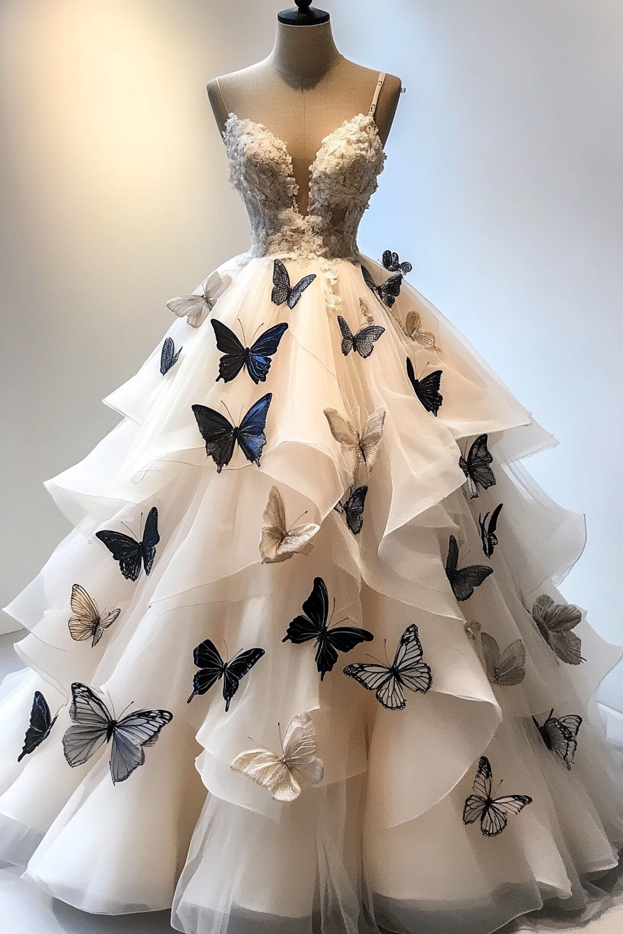 Wedding gown. Tulle-layered ball gown with butterfly appliques.