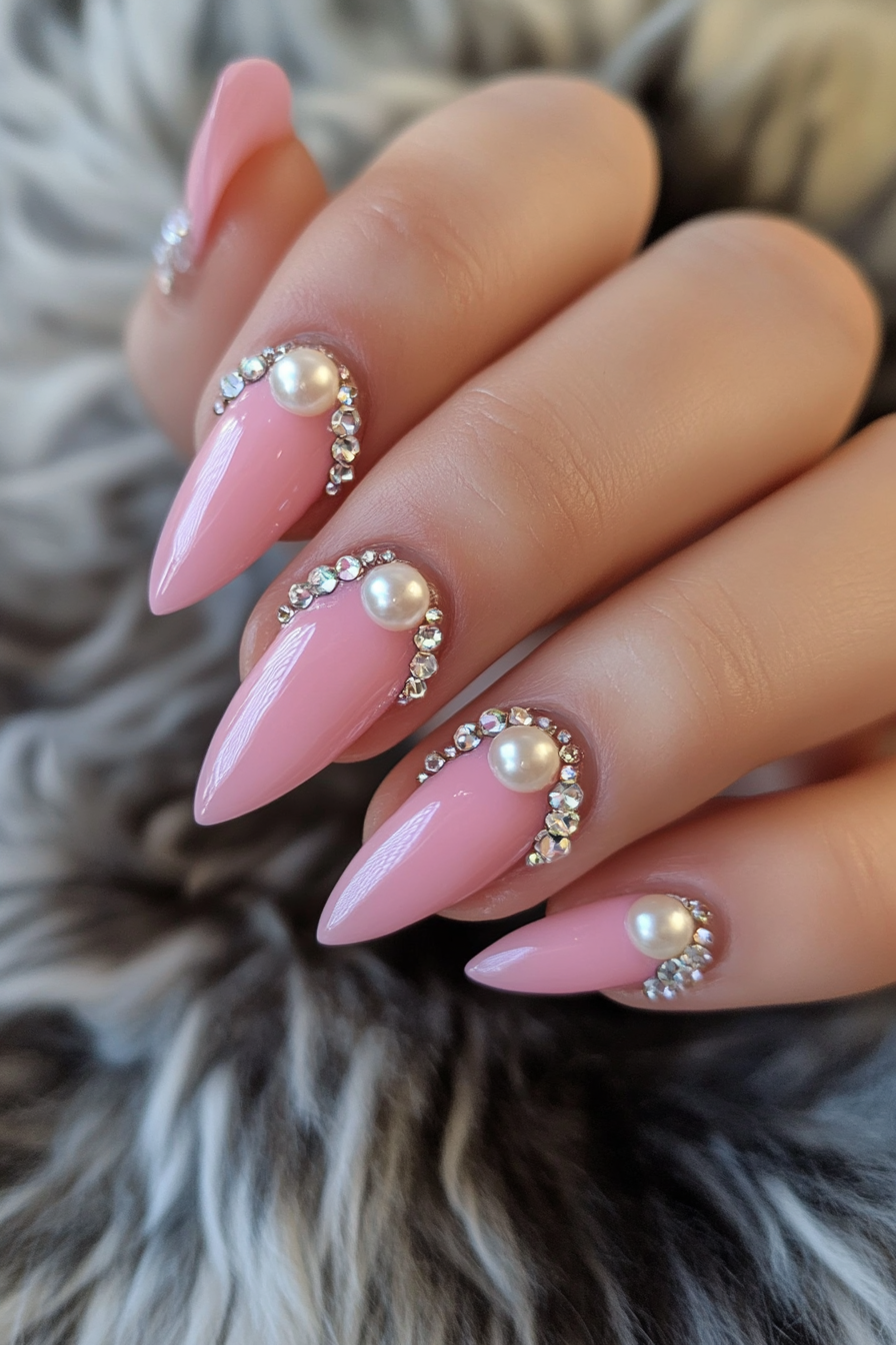 Wedding day manicure. pink polish, pearl accents, crystal tips.