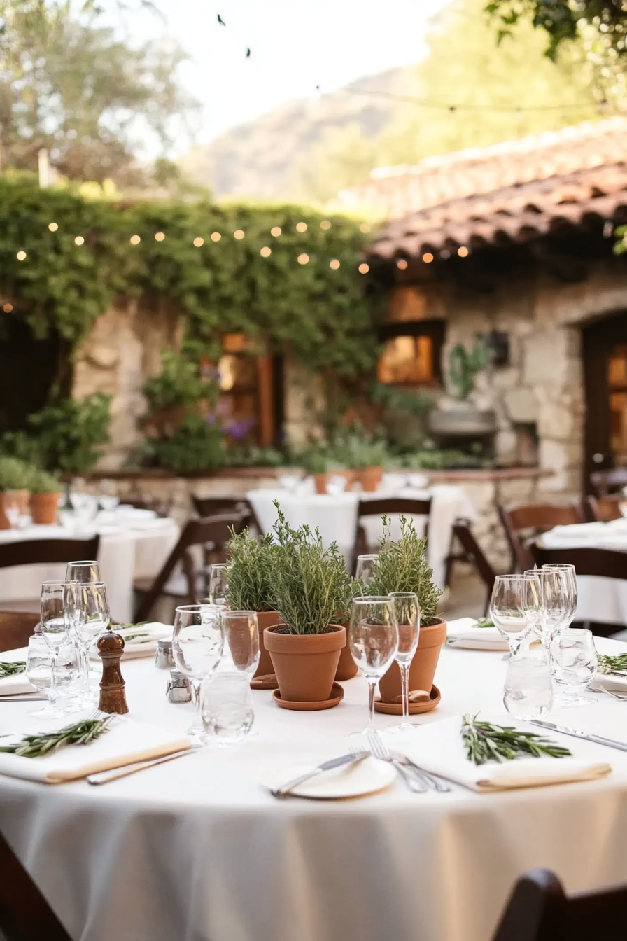 Wedding reception setup. Sage in terracotta pots as table centerpieces.