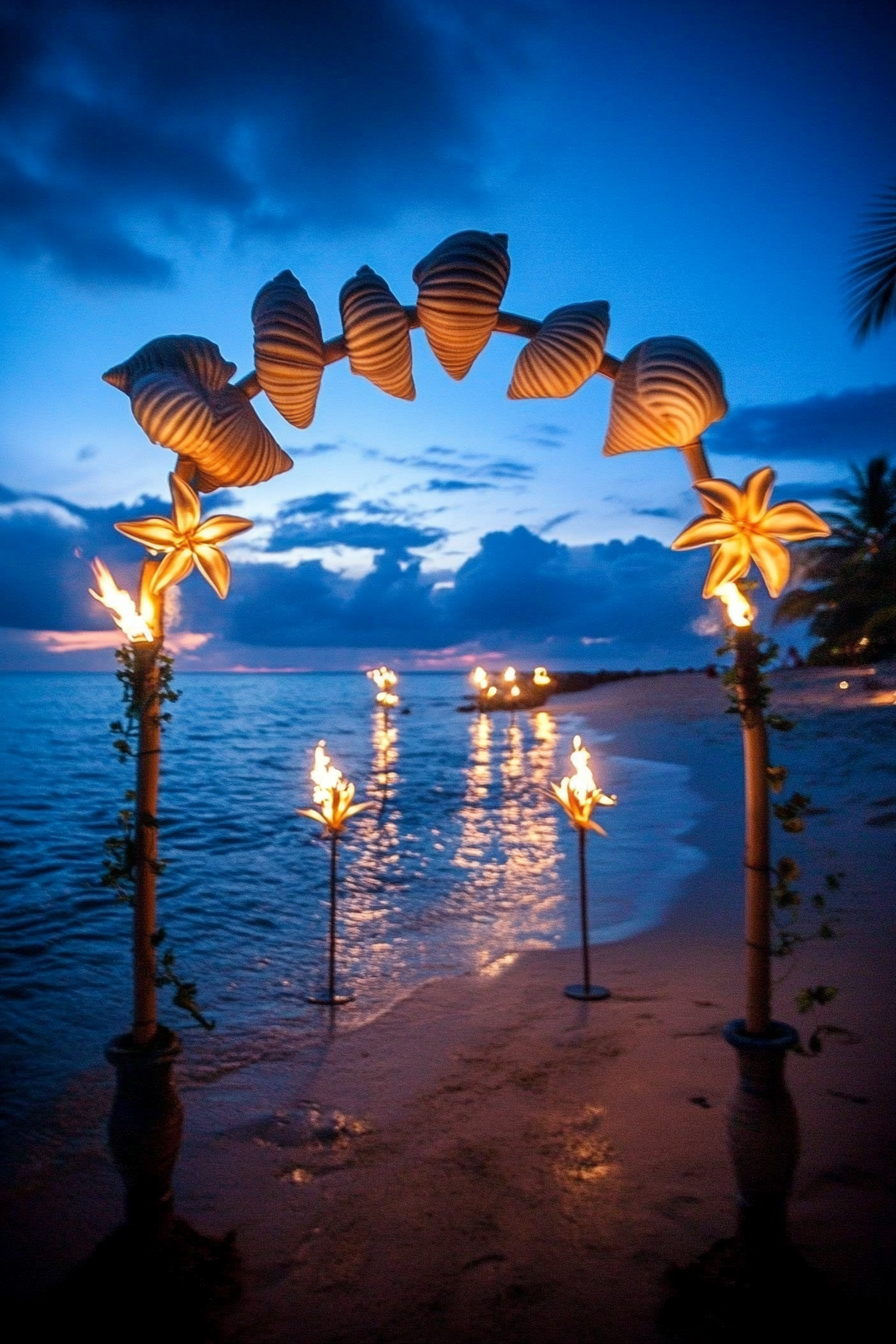 Wedding beach setup. Shell arch, tiki torches, floating star lilies on cerulean backdrop.