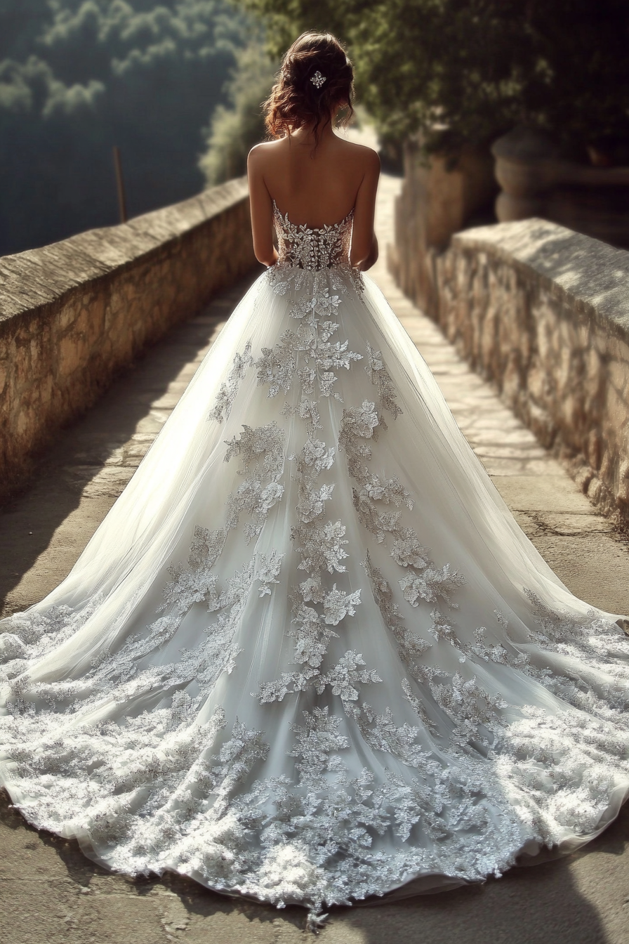 Wedding gown. Cathedral train with crystallized floral pattern on bodice.