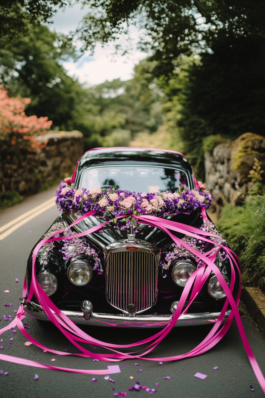 Wedding transport design. Vintage car with lavender flower garlands and bright pink ribbon streams.