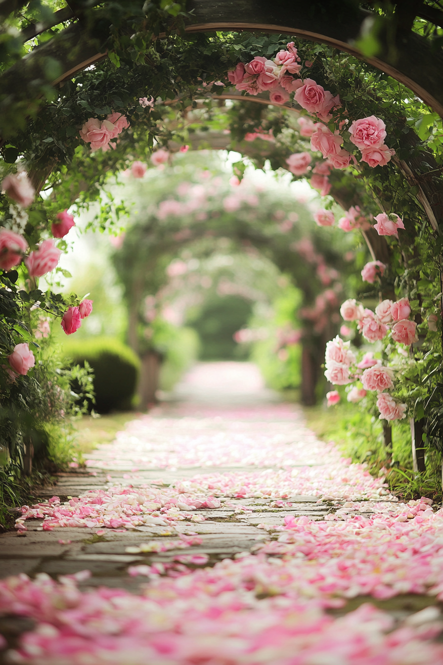 Wedding garden ceremony. Pink rose archways with ivory petal-strewn aisle.