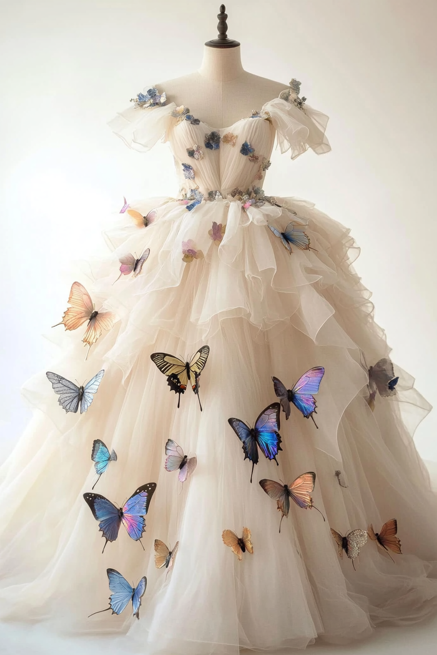 Wedding Ball Gown. Ivory tulle layers adorned with iridescent butterfly appliques.